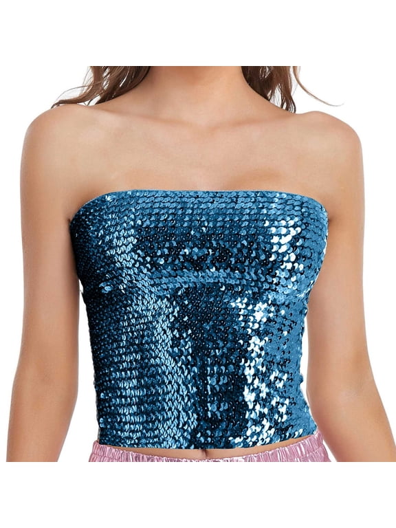 Miorin Women's Sequin Tube Top Sparkly Strapless Sleeveless Crop Top Party Clubwear Dressy Work Tunic Tops