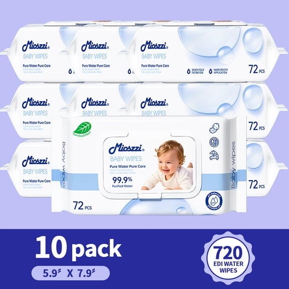 Mioszzi Baby Wipes, 10 Packs, 72 Count Each, Pure Water Formula, Alcohol-Free, Gentle and Moisturizing for Daily Baby Care