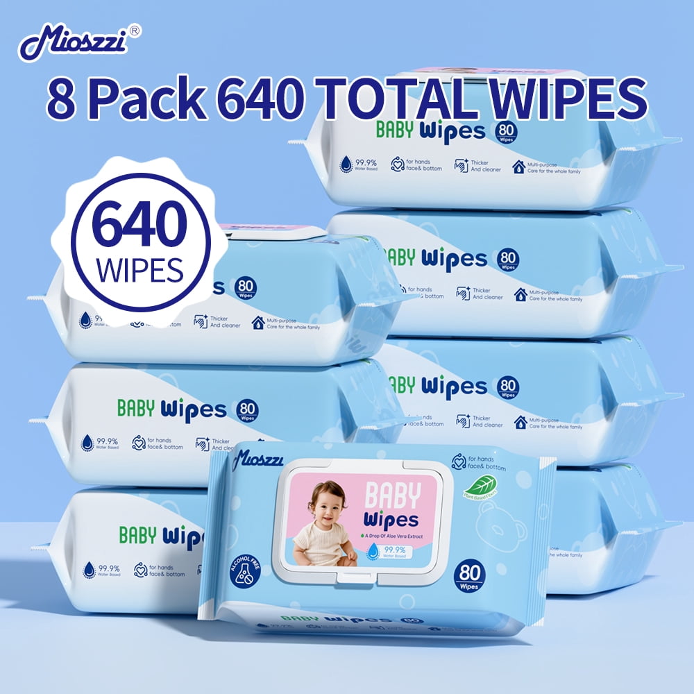 Mioszzi Baby Wipes, Plant-Based Non-Woven, 99.9% Water Infused, Aloe Vera Extract, Alcohol-Free, 8 Packs, 640 Total Wipes