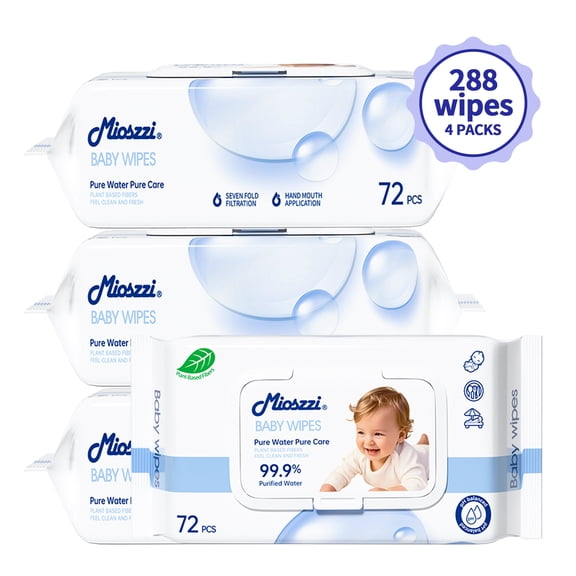 Mioszzi Baby Wipes, Thickened Extra Large, Purified Water, Alcohol-Free, Biodegradable, 4 Packs, 288 Count