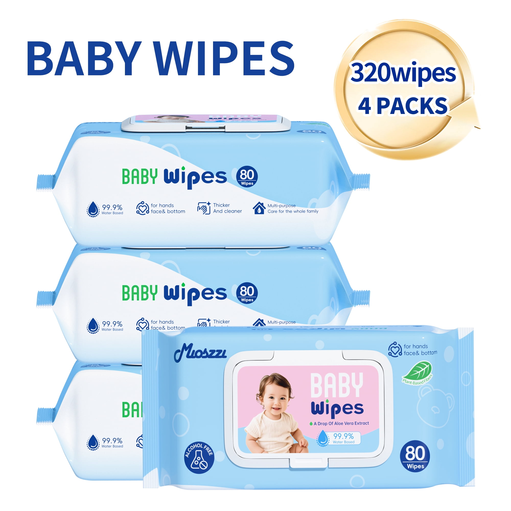 Mioszzi Baby Wipes, Plant-Based, Hypoallergenic, 4 Packs, 320 Count