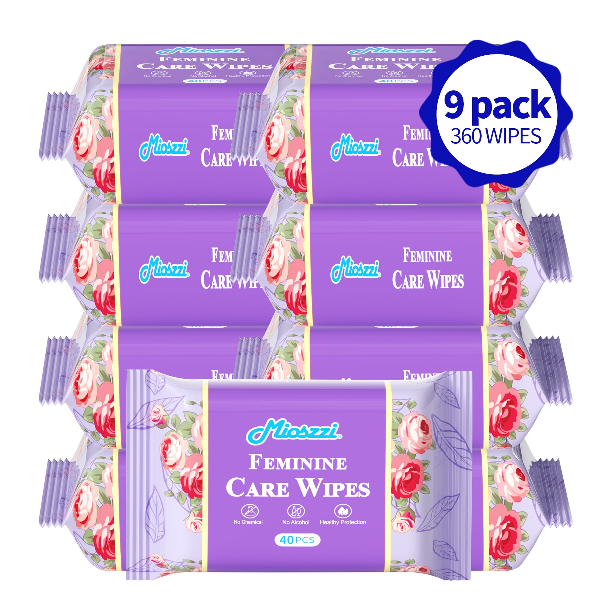 Mioszzi Feminine Cleansing Wipes, Alcohol-Free Gentle Daily Care, 9 Packs, 360 Total Count