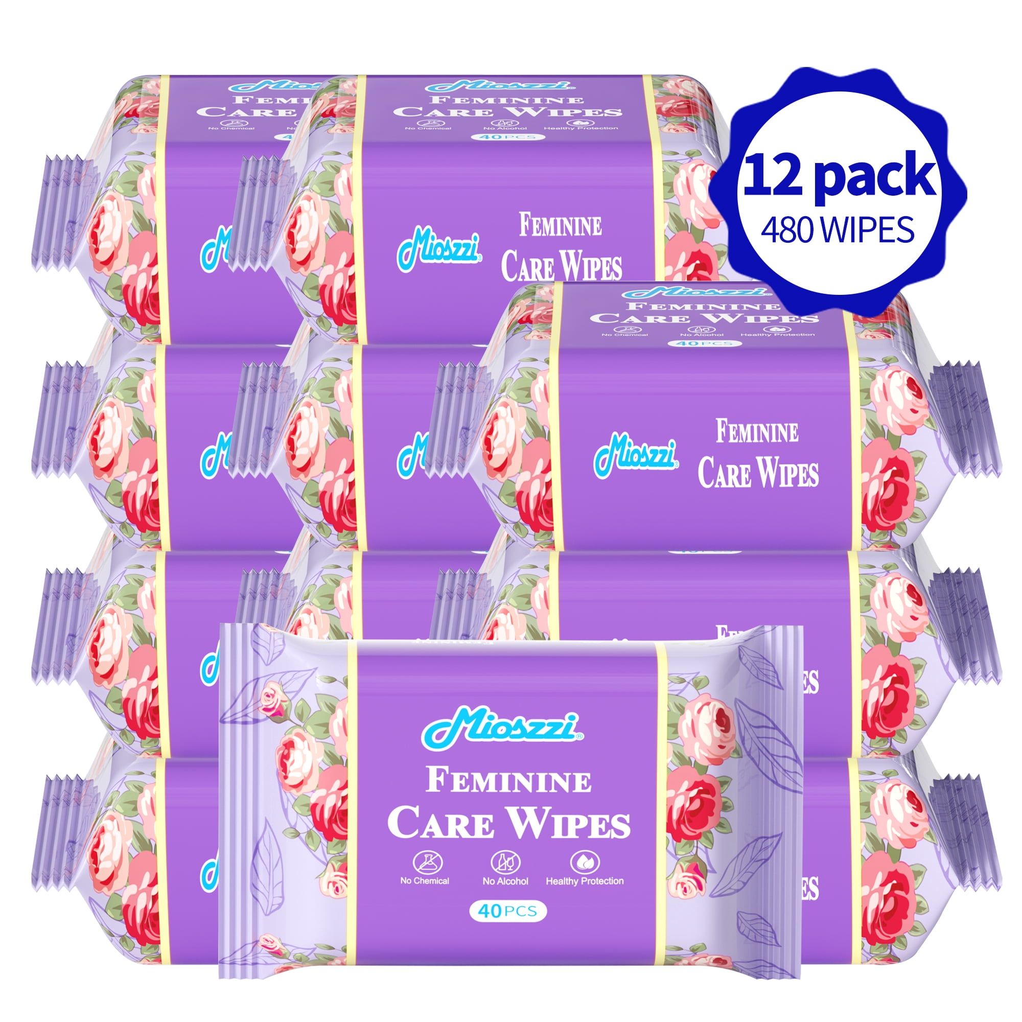Mioszzi pH Balanced Feminine Cleansing Wipes, Alcohol-Free & Skin-Friendly, 12 Packs, 480 Total Count