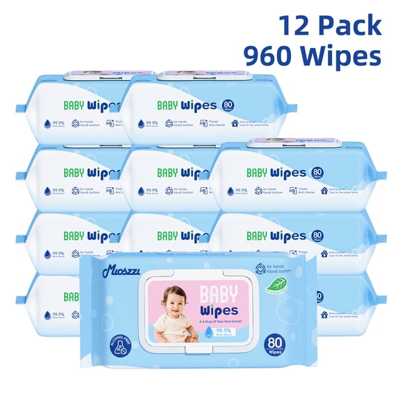 Mioszzi Baby Wipes, Unscented, Aloe, Gentle, Hypoallergenic, Hospital Grade, Plant-Based, 12 Packs, 960 Total Count