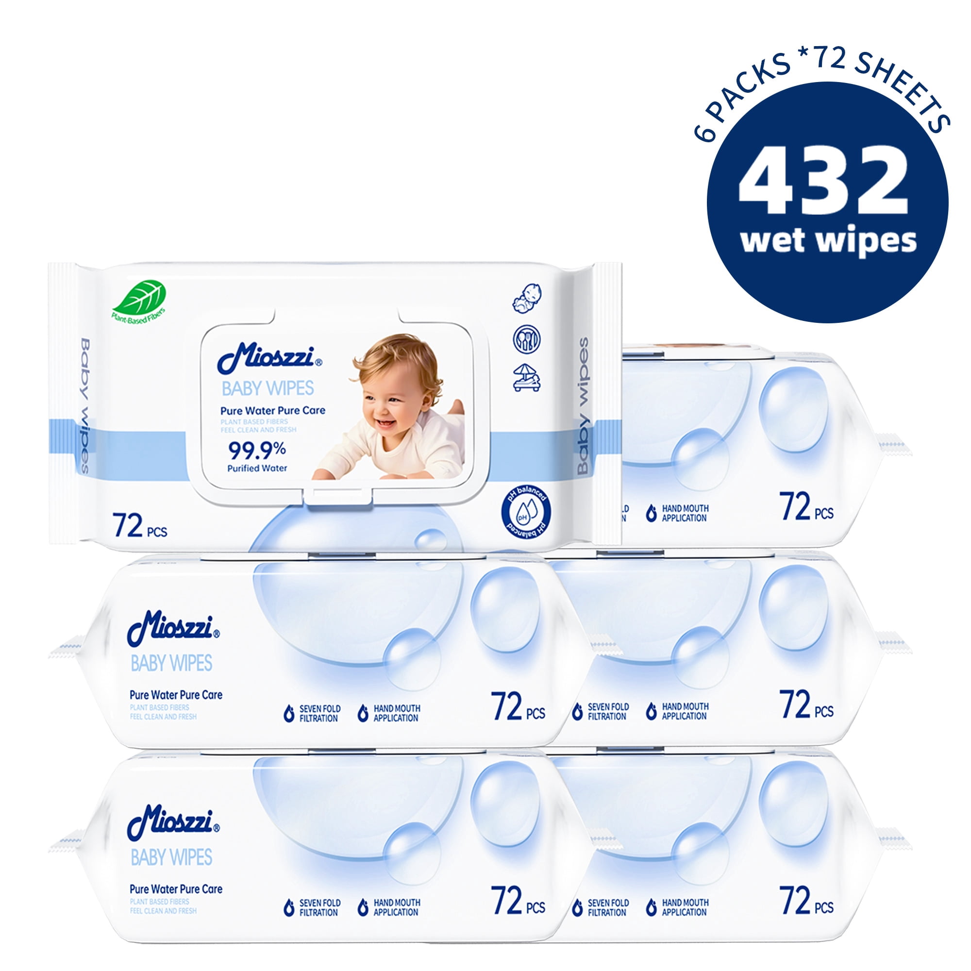 Mioszzi Ultra Soft Baby Wipes, Hypoallergenic, Flip-Top Closure, 6 Packs, 432 Total Count