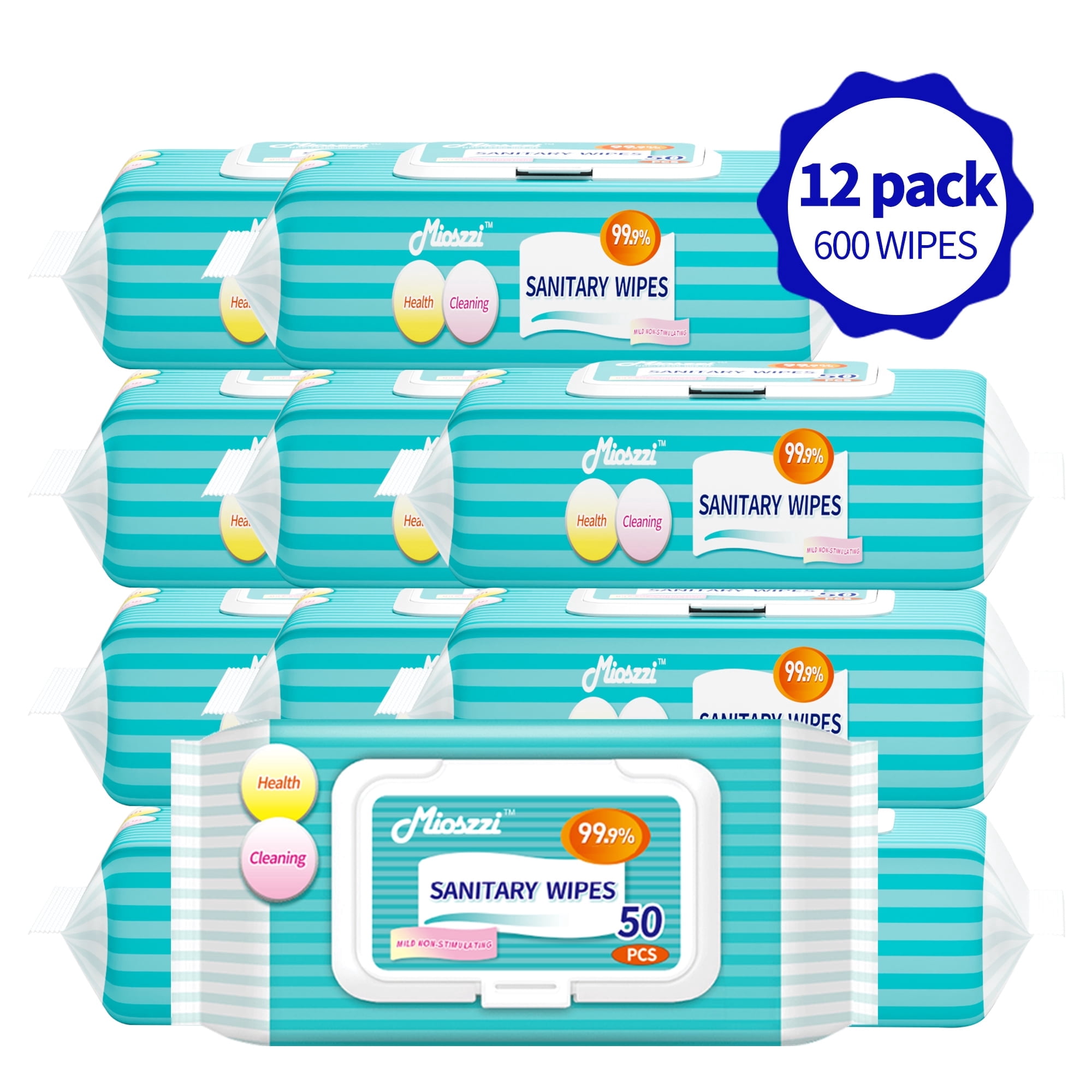 Mioszzi Unscented Non-Alcohol All-Purpose Sanitary Wipes, 12 Packs 600 Total Wipes