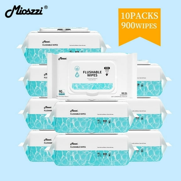 Mioszzi XL Flushable Wet Wipes 900Wipes Bulk Pack Plant Based Septic Safe & Biodegradable for Sensitive Skin with Aloe Vera