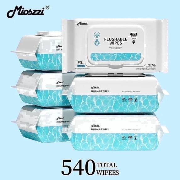 Mioszzi Hypoallergenic Fresh Scent Plant-Based Flushable Toilet Wipes, Septic Safe, 6 Packs, 540 Total Count