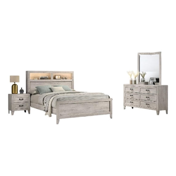 Miot 4pc Queen Bedroom Set- Headboard Shelves w Light- Whitewash