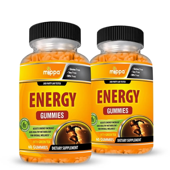 Mippa Supplements Energy Gummies - Supports Energy, Stamina, Metabolism with Vitamin B12, Sodium, Green Tea & Guarana Extract Gluten-Free, Natural Flavor - 60 Gummy (2-pack)