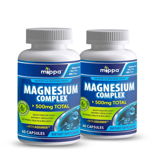 Mippa Supplements Magnesium Complex 500mg - Supports Healthy Sleep, Blood Circulation, Migraine Prevention, Overall Health & Wellness - 60 Capsules (2-Pack)