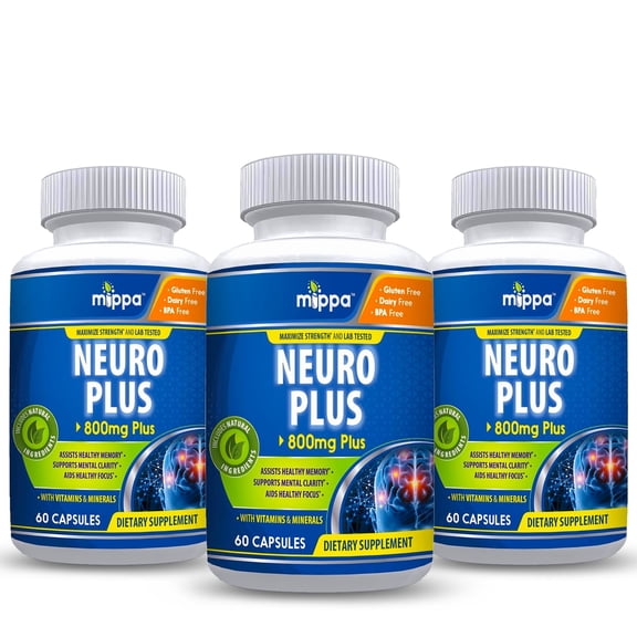 Mippa Supplements Neuro Plus Brain Booster - Supports Memory Function, Brain & Focus Formula, Improve Concentration, Mental Clarity, Non-GMO, Gluten Free - 60 Capsules (3-Pack)