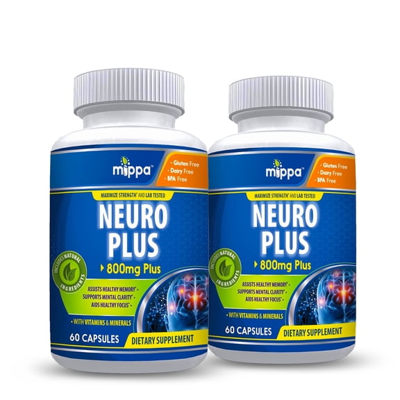 Mippa Supplements Neuro Plus Brain Booster - Supports Memory Function, Brain & Focus Formula, Improve Concentration, Mental Clarity, Non-GMO, Gluten Free - 60 Capsules (2-Pack)