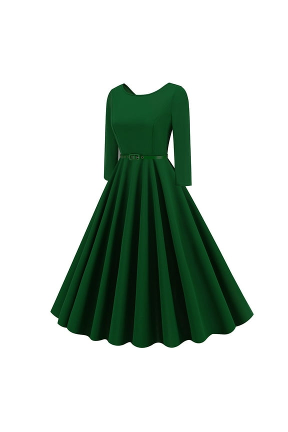 1950s Vintage Dresses for Women Retro 3/4 Sleeve Cocktail Party A-Line Swing Midi Dress Wedding Guest Dresses Elegant Work Dress with Belt