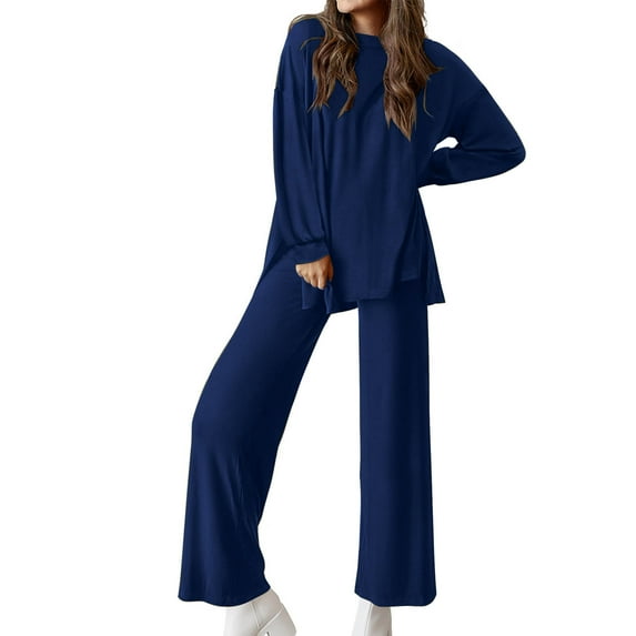 Miqool 2 Piece Lounge Sets for Women Long Sleeve Tops Wide Leg Sweatpants Sweatsuits with Pockets