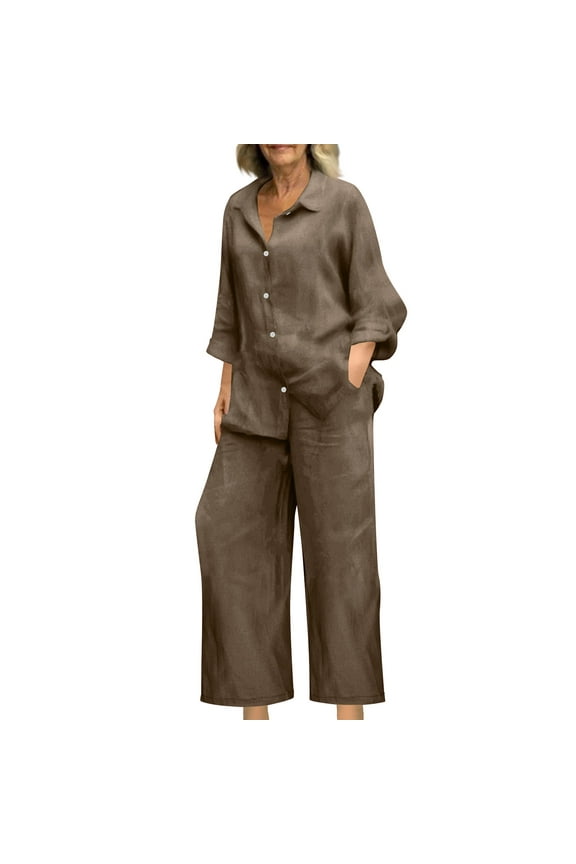 2 Piece Sets for Women Summer Tracksuits Button Down Oversized Shirts and Wide Leg Long Pants Two Piece Lounge Sets Matching Outfits with Pockets