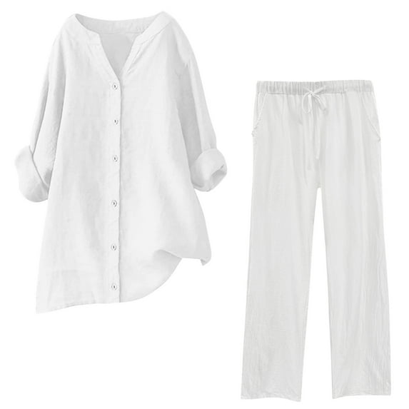 Miqool 2 Piece Sets for Women Summer Outfits Dressy Casual Long Sleeve Button Down Shirt and Wide Leg Long Pants Lounge Sets Tracksuits with Pockets