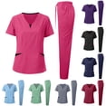 thumbnail image 1 of Miqool 2 Piece Workwear Set for Women V Neck Soft Slim Fit Short Sleeve Color Block Shirts Drawstring Elastic Waist Wide Leg Pants Scrub Set with Pockets, 1 of 3