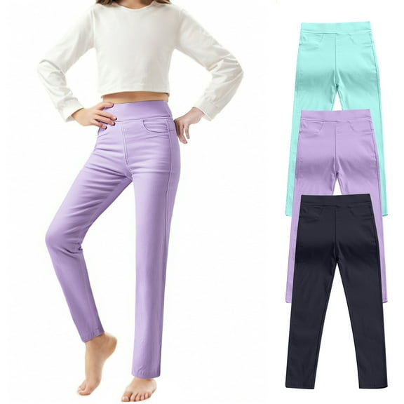 Miqool 3 Pack Girls Leggings with Pockets Kids Dance Running Yoga Athletic Leggings High Waist Tights Pants for School Wearing, Size 3-10Y