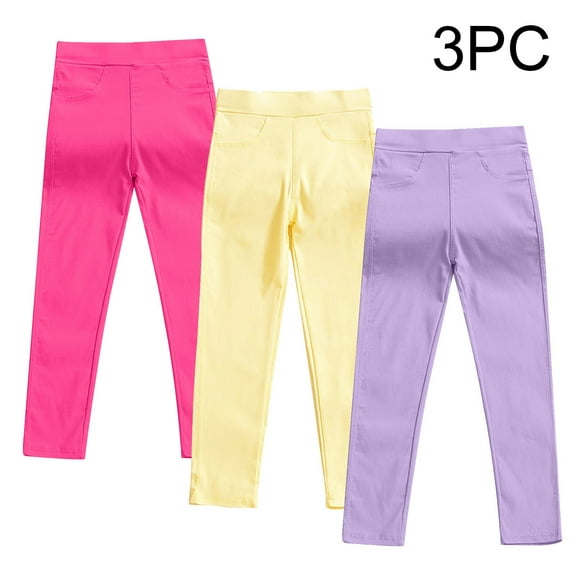 Miqool 3 Pack Girls Leggings with Pockets Kids Dance Running Yoga Athletic Leggings High Waist Tights Pants for School Wearing, Size 3-10Y