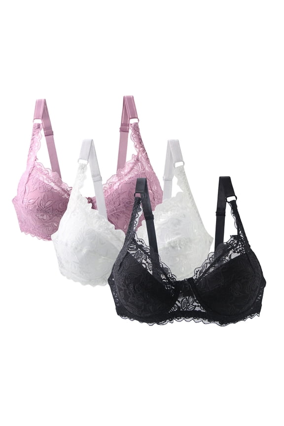 3 Pack Women's Embroidered Floral Lace Minimizer Bras with Underwire Full Coverage Comfort Padded Support Push Up Bras, 34-48C