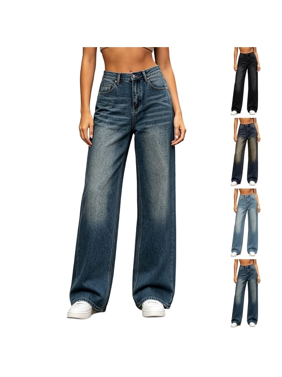 Wide Leg Jeans for Women Stretchy Denim Pants Loose Fit Casual Fall Winter Y2K Baggy Jeans with Pockets