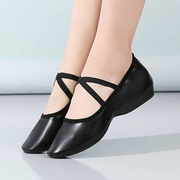 Miqool Ballroom Dance Shoes for Women, Leather Character Shoes Crisscross Strap Low Wedge Ballerina Shoes for Latin Salsa Tango Flamenco