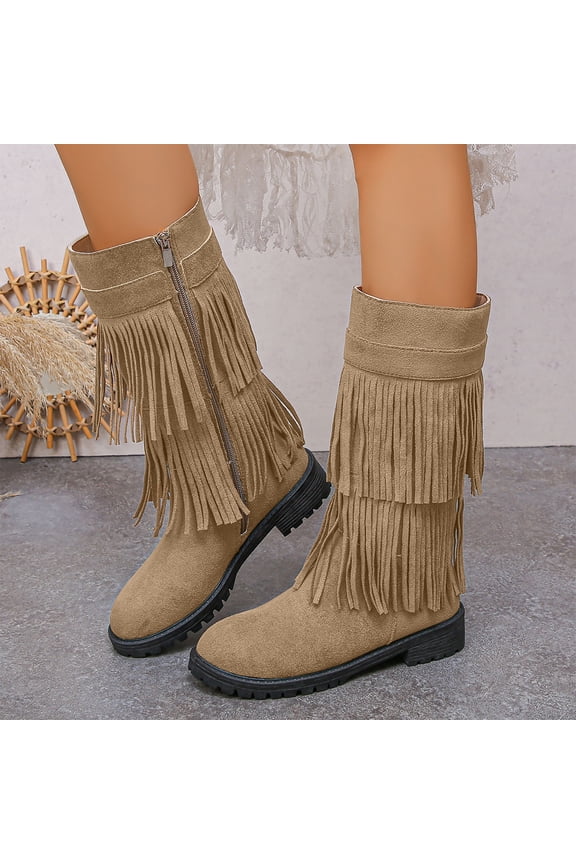 Boots for Women Retro Pointed Toe Pull On Block Chunky Heel Fringe Concert Outfits Knee High Western Cowboy Boots