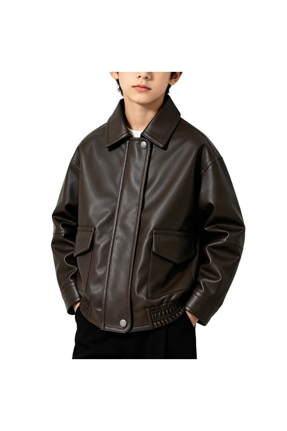 Boys' Classic Faux Leather Bomber Jacket Kids Lightweight Casual Motorcycle Biker Coats Fall Outerwear for 1-13 Years