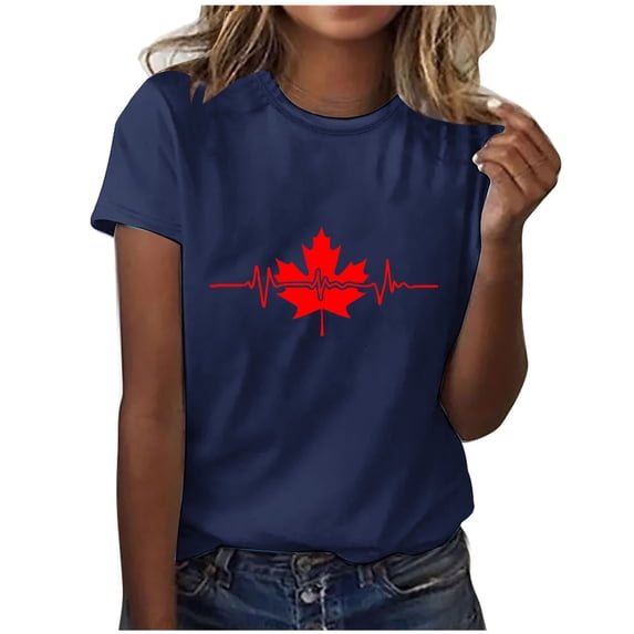 Miqool Canadian Flag T-Shirt for Women Short Sleeve Crewneck Canada Pride Maple Leaf Vintage Graphic Tees Tops