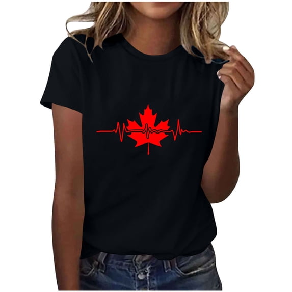 Miqool Canadian Flag T-Shirt for Women Short Sleeve Crewneck Canada Pride Maple Leaf Vintage Graphic Tees Tops