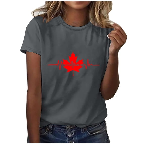 Miqool Canadian Flag T-Shirt for Women Short Sleeve Crewneck Canada Pride Maple Leaf Vintage Graphic Tees Tops