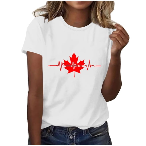 Miqool Canadian Flag T-Shirt for Women Short Sleeve Crewneck Canada Pride Maple Leaf Vintage Graphic Tees Tops