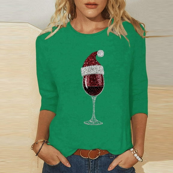 Miqool Christmas Shirts for Women Shiny Rhinestone Red Wine Glass Santa Hat Pattern Tshirts 3/4 Sleeve Crewneck Tops