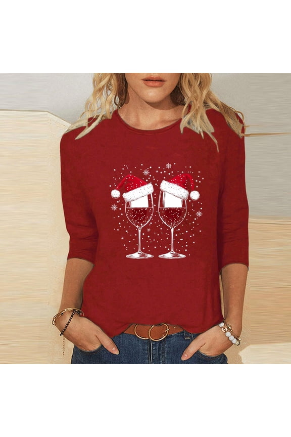 Christmas Shirts for Women Shiny Rhinestone Red Wine Glass Santa Hat Pattern Tshirts 3/4 Sleeve Crewneck Tops
