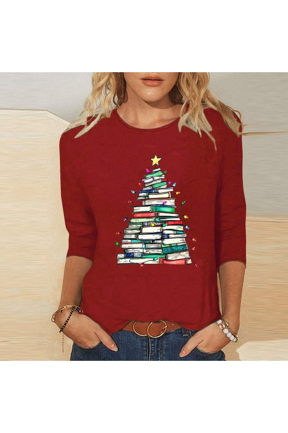 Christmas Shirts for Women Trendy Glitter Xmas Tree Graphic Crewneck 3/4 Sleeve Blouses Loose Casual Ugly Funny Tops