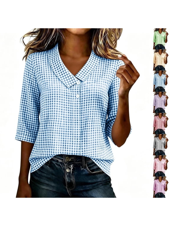 Cotton Linen 3/4 Sleeve Button Down Shirts for Women Summer Gingham Plaid Striped Tops Collared Casual Loose Blouse