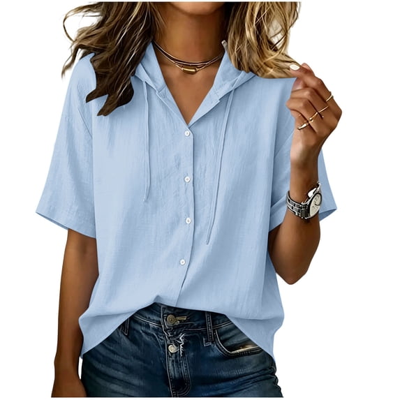 Miqool Cotton Linen Hoodies for Women Button Down Short Sleeve Collared Drawstring Flowy Tops Beach Vacation Outfits