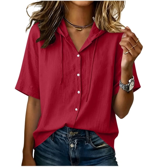 Miqool Cotton Linen Hoodies for Women Button Down Short Sleeve Collared Drawstring Flowy Tops Beach Vacation Outfits
