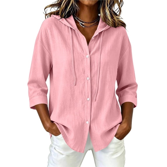 Miqool Cotton Linen Hoodies for Women Button Down Short Sleeve Collared Drawstring Flowy Tops Beach Vacation Outfits