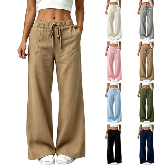 Miqool Cotton Linen Pants for Women Flowy Palazzo Pants Drawstring Elastic Waist Wide Leg Trousers with Pockets