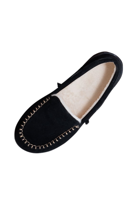 Cozy Fleece Lined Moccasin Slippers for Women, Suede-Like Slip-On Shoes with Contrast Stitching