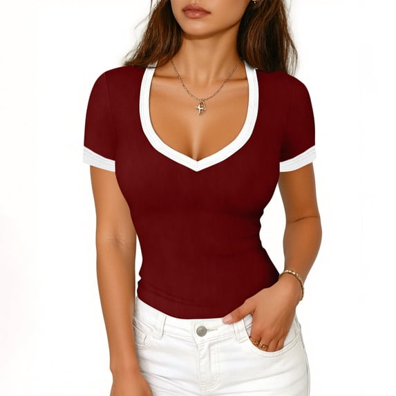 Miqool Crop Tops for Women Color Block V Neck Cute Going Out Tops Short Sleeve Ribbed Yoga Gym Shirts Summer Basic Tees