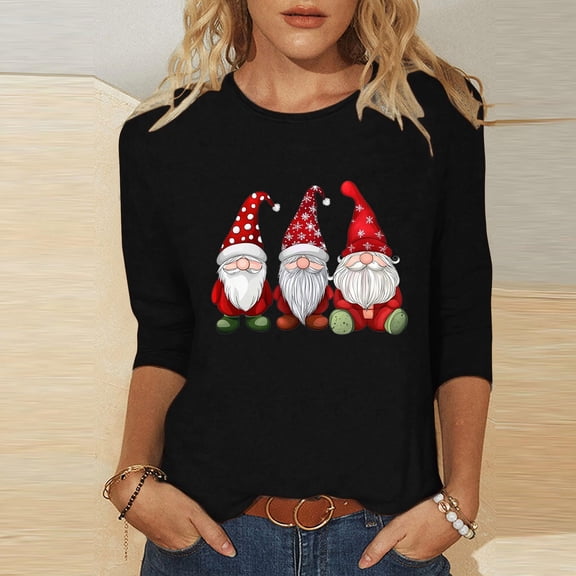 Miqool Fall Tops for Women 3/4 Sleeve Funny Print Merry Christmas Shirts Holiday Party Tee Casual T-Shirts Xmas Gifts