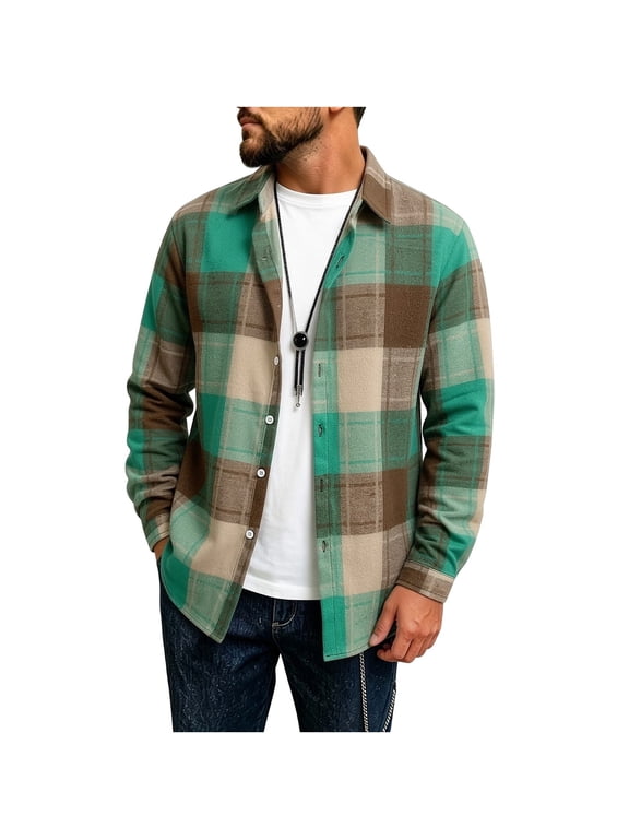 Flannel Plaid Shirt for Men Long Sleeve Button Down Collared Layering Casual Lightweight Jacket for Fall Winter