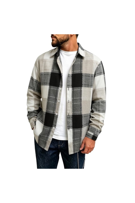 Flannel Plaid Shirt for Men Long Sleeve Button Down Collared Layering Casual Lightweight Jacket for Fall Winter