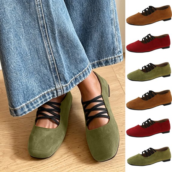 Miqool Flat Shoes for Women Square Toe Criss Cross Tie Low Block Heels Casual Fall Fashion Soft Comfortable Shoes