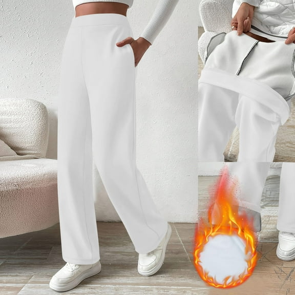 Miqool Fleece Lined Sweaterpants Women Elastic Drawstring Wide Leg Winter Trousers with Pockets for Casual Work