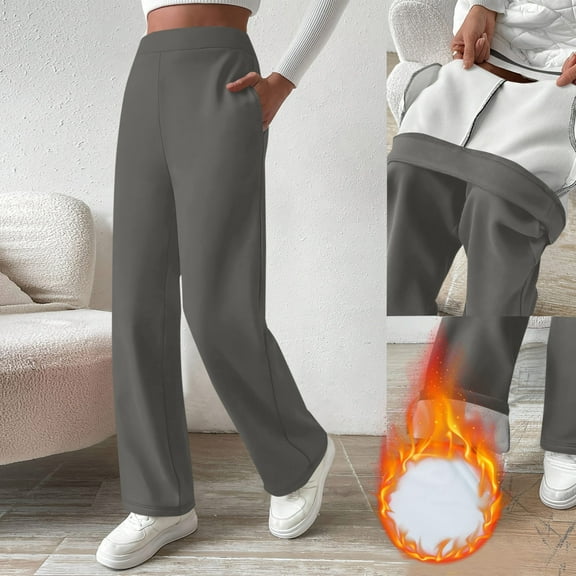 Miqool Fleece Lined Sweaterpants Women Elastic Drawstring Wide Leg Winter Trousers with Pockets for Casual Work