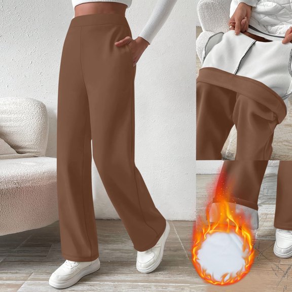 Miqool Fleece Lined Sweaterpants Women Elastic Drawstring Wide Leg Winter Trousers with Pockets for Casual Work